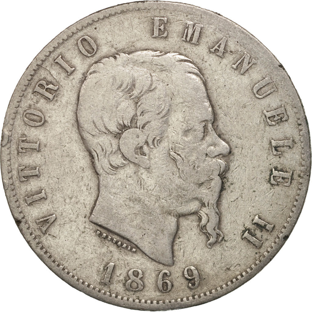 Italy, Vittorio Emanuele II, 5 Lire, 1869, Milan, VF(20-25), Silver, KM:8.3