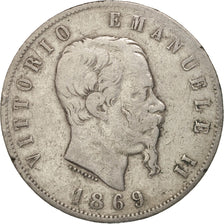 Italy, Vittorio Emanuele II, 5 Lire, 1869, Milan, VF(20-25), Silver, KM:8.3