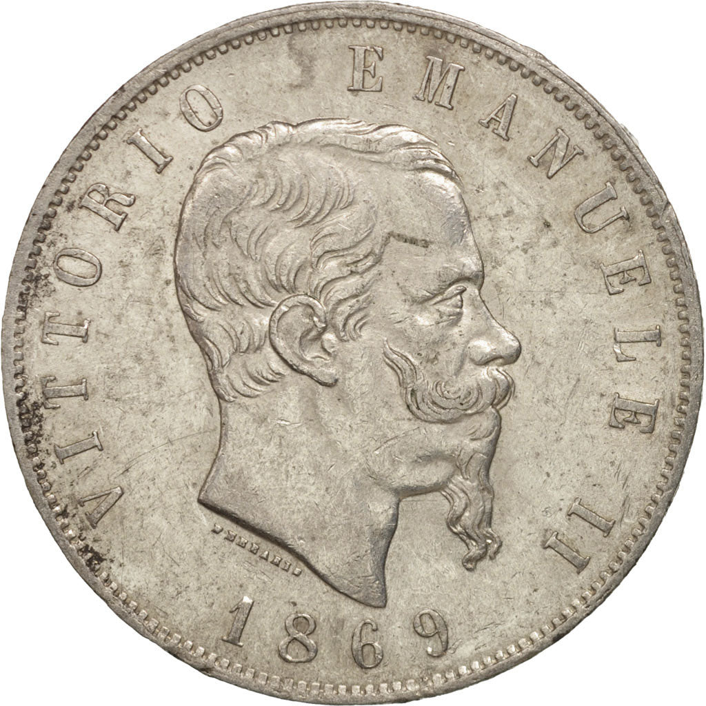 Italy, Vittorio Emanuele II, 5 Lire, 1869, Milan, AU(50-53), Silver, KM:8.3