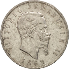 Italy, Vittorio Emanuele II, 5 Lire, 1869, Milan, AU(50-53), Silver, KM:8.3