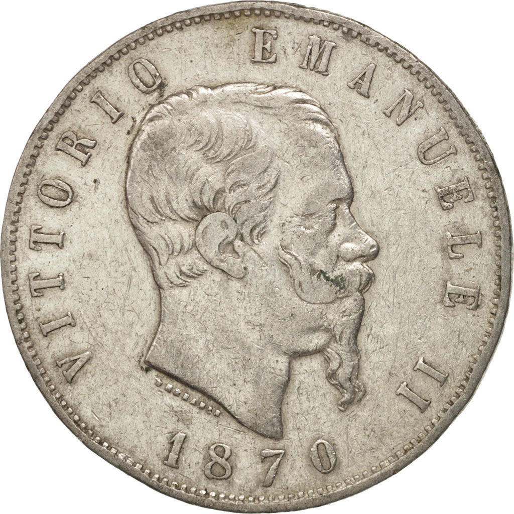 Italy, Vittorio Emanuele II, 5 Lire, 1870, Milan, VF(30-35), Silver, KM:8.3