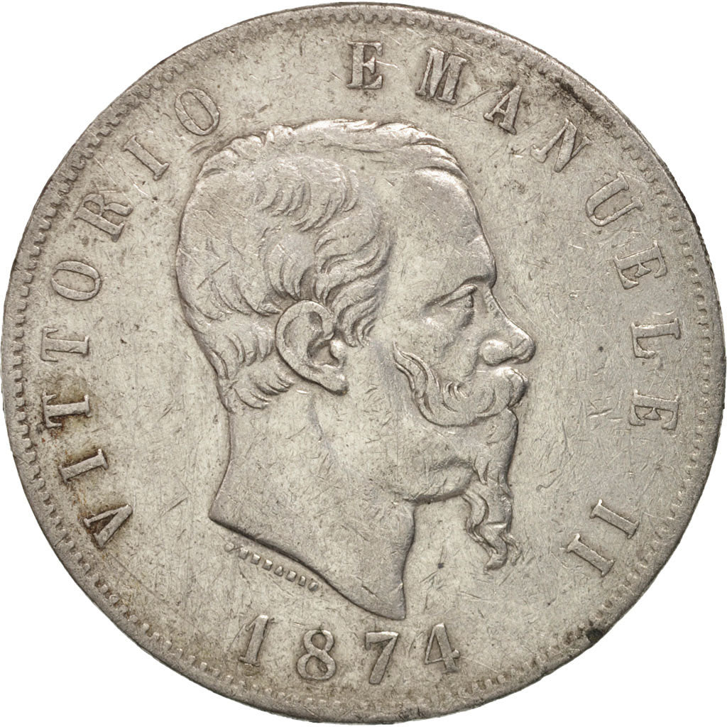 Italy, Vittorio Emanuele II, 5 Lire, 1874, Milan, VF(20-25), Silver, KM:8.3