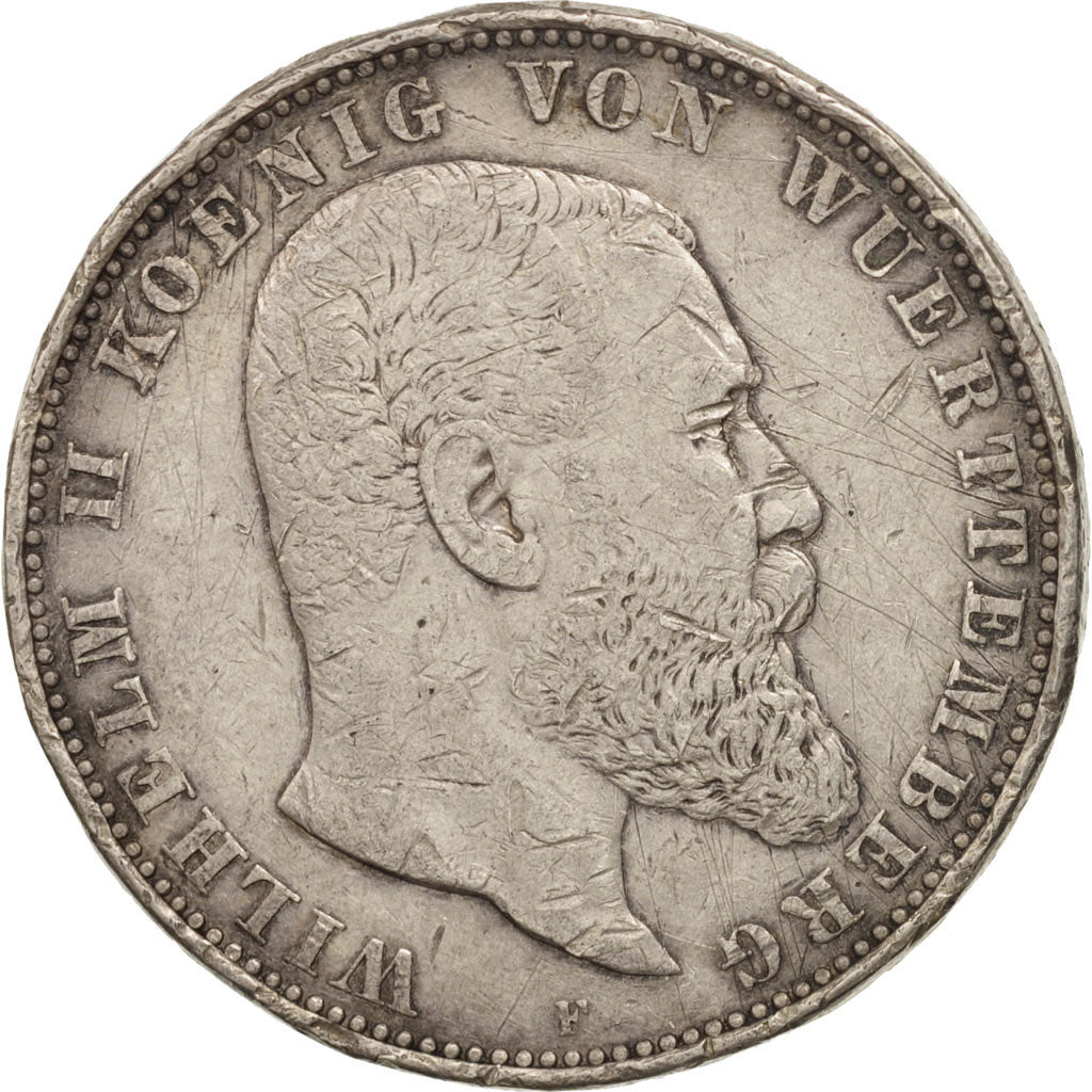 German States, WURTTEMBERG, Wilhelm II, 5 Mark, 1902, Freudenstadt, VF(30-35)