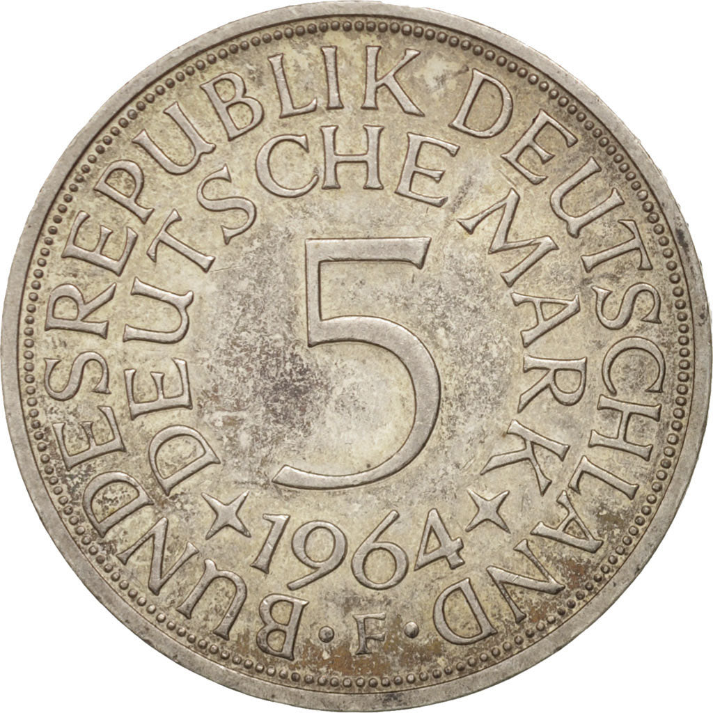 GERMANY - FEDERAL REPUBLIC, 5 Mark, 1964, Stuttgart, AU(50-53), Silver, KM:112.1