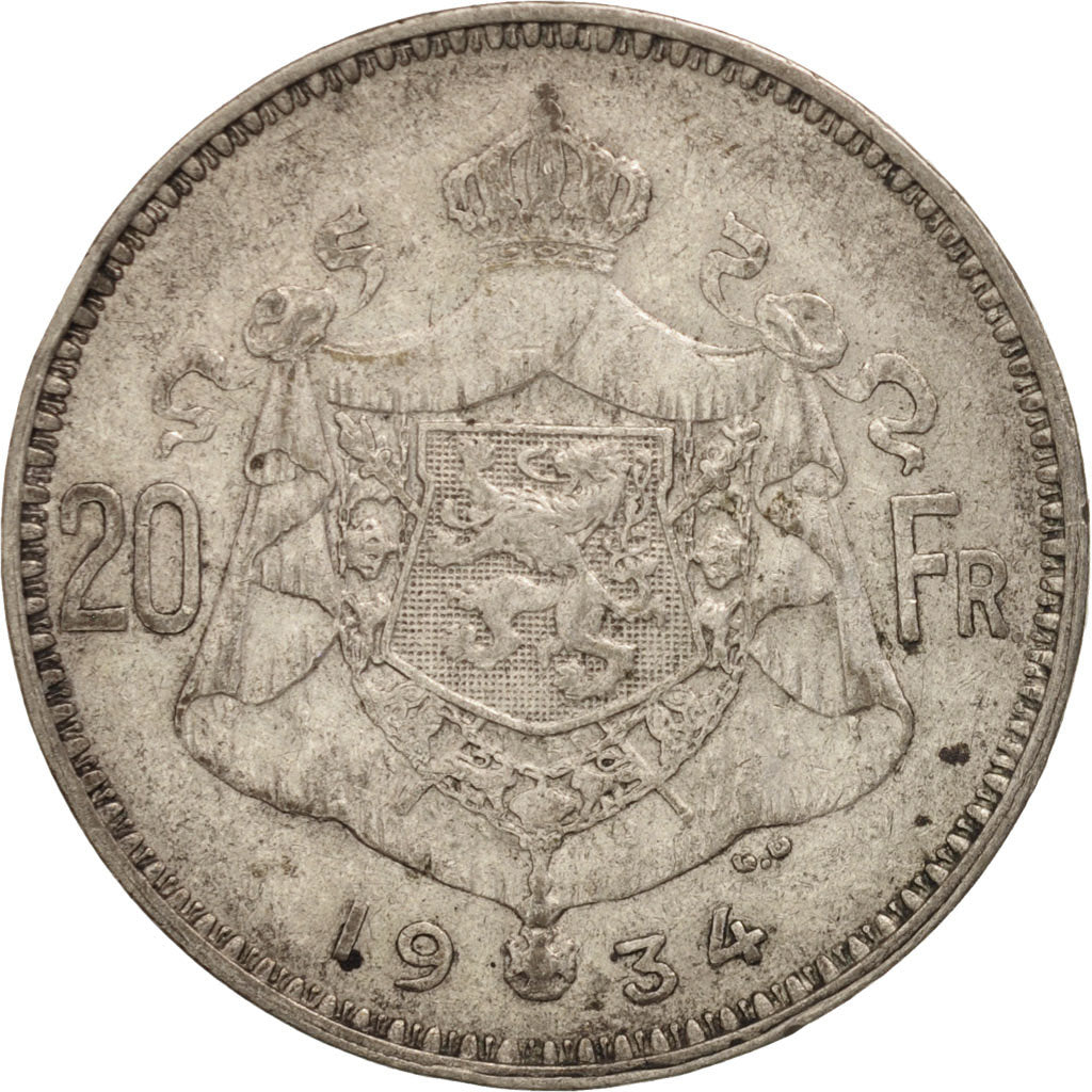 Belgium, 20 Francs, 20 Frank, 1934, VF(30-35), Silver, KM:104.1