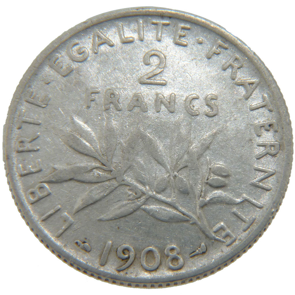 FRANCE, Semeuse, 2 Francs, 1908, Paris, KM #845.1, EF(40-45), Silver, 27,...