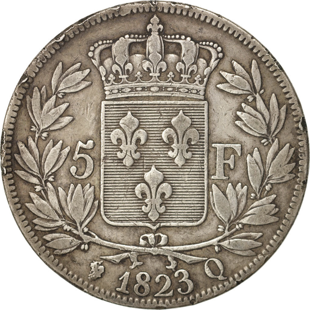 France, Louis XVIII, 5 Francs, 1823, Perpignan, VF(30-35), Silver, KM:711.11