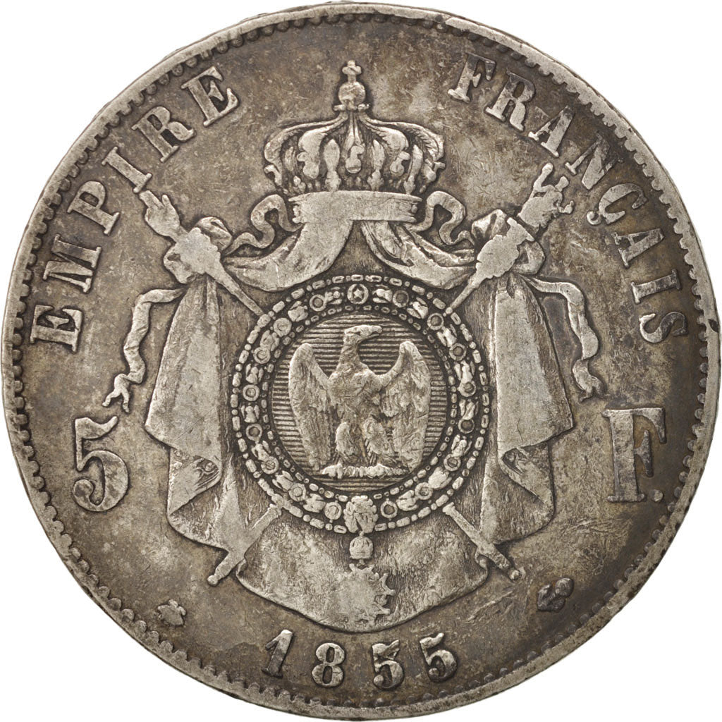 France, Napoleon III, 5 Francs, 1855, Strasbourg, VF(20-25), Silver, KM:782.2