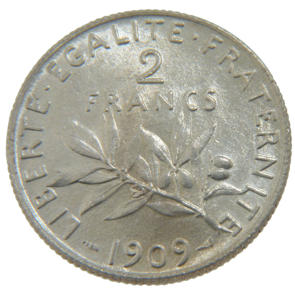 FRANCE, Semeuse, 2 Francs, 1909, Paris, KM #845.1, graded, PCGS, MS(60-62),...