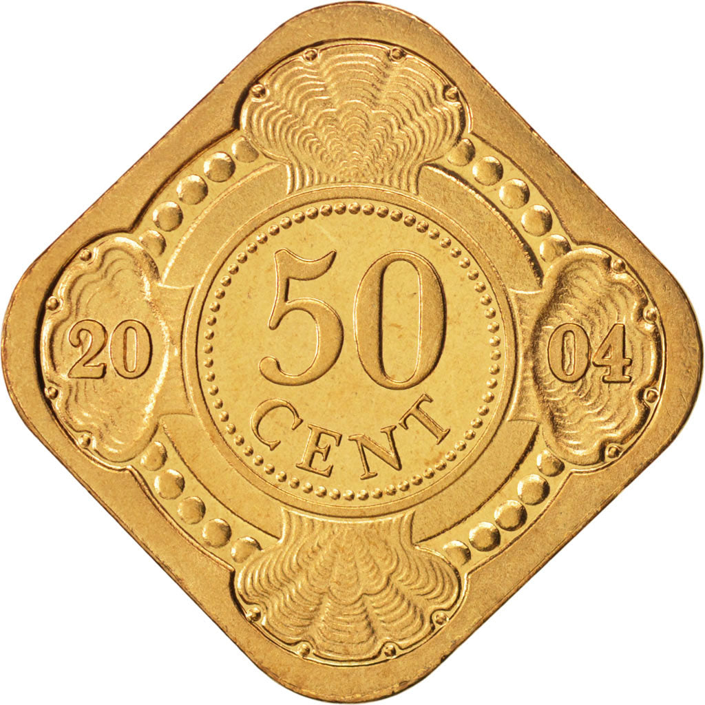 Netherlands Antilles, Beatrix, 50 Cents, 2004, MS(65-70), Aureate Steel, KM:36
