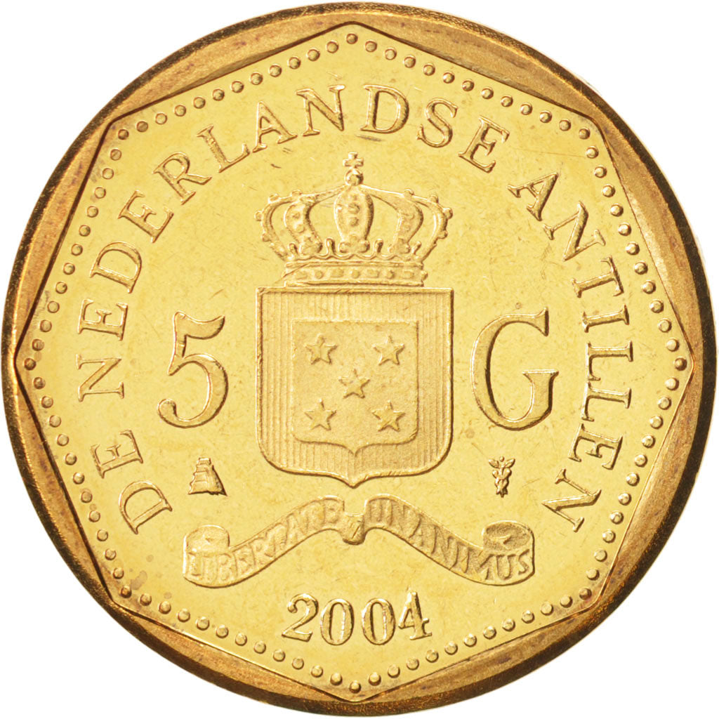 Coin, Netherlands Antilles, Beatrix, 5 Gulden, 2004, MS(63), Aureate Bonded