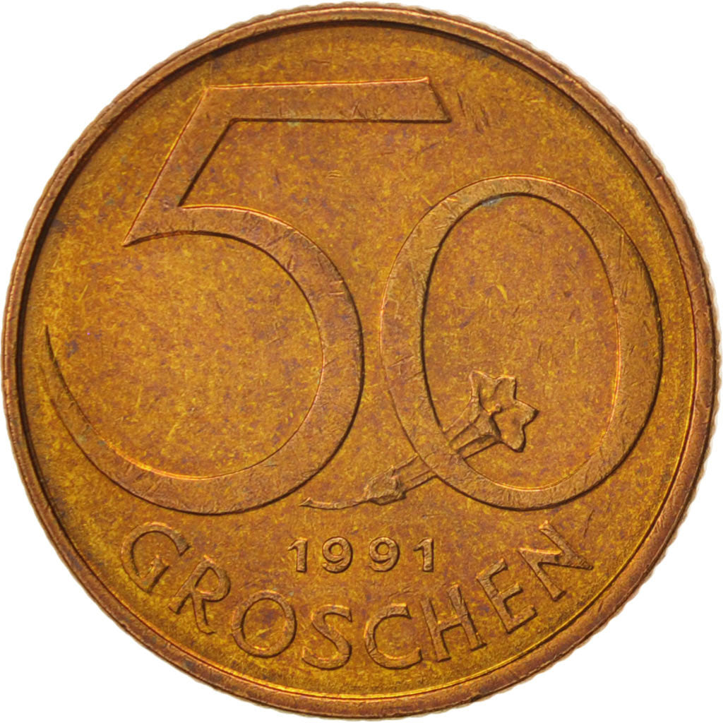 Coin, Austria, 50 Groschen, 1991, MS(60-62), Aluminum-Bronze, KM:2885