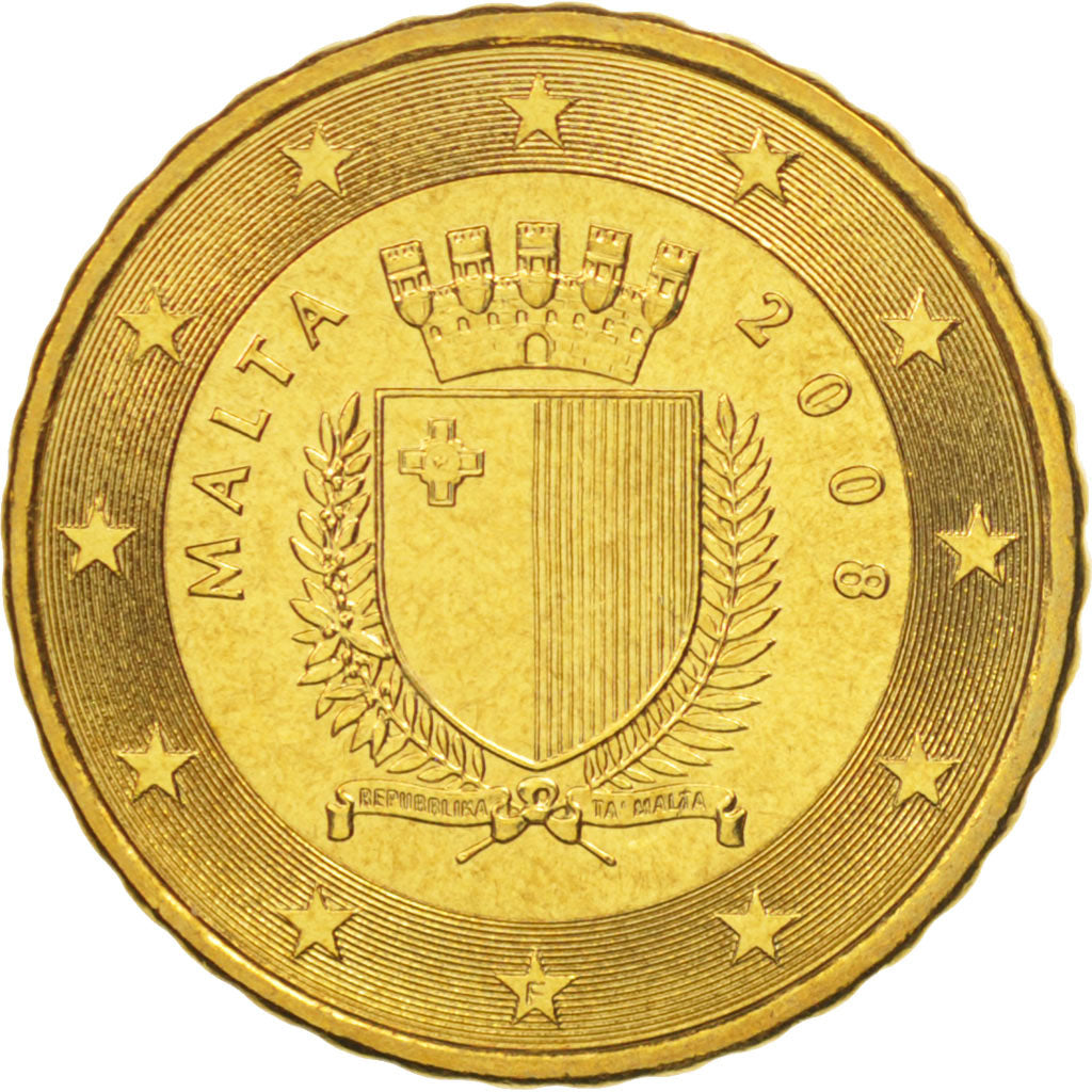 Malta, 10 Euro Cent, 2008, UNZ+, Messing, KM:128