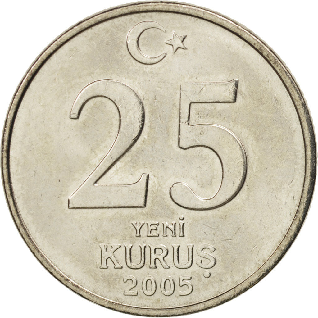 Coin, Turkey, 25 New Kurus, 2005, Istanbul, MS(64), Copper-Nickel-Zinc, KM:1167