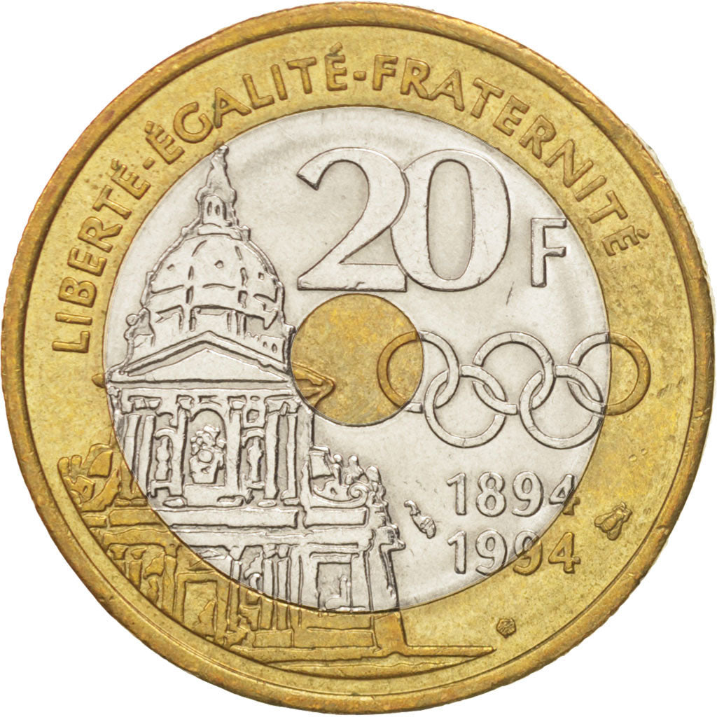 France, Pierre de Coubertin, 20 Francs, 1994, SPL, Tri-Metallic, KM:1036