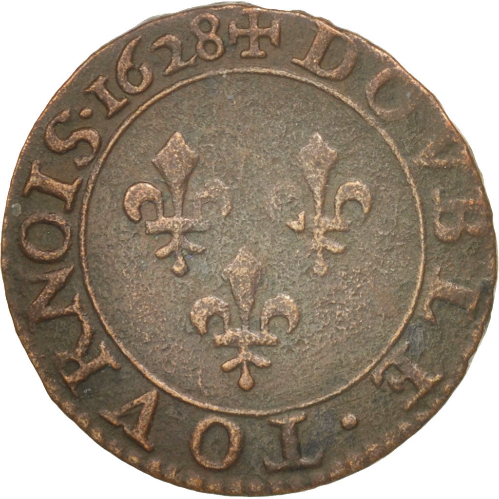Coin, France, Louis XIII, Double tournois, buste juvénile au col fraisé