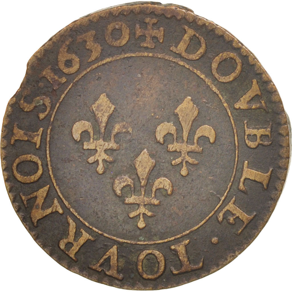 Coin, France, Louis XIII, Double tournois, buste juvénile au col fraisé