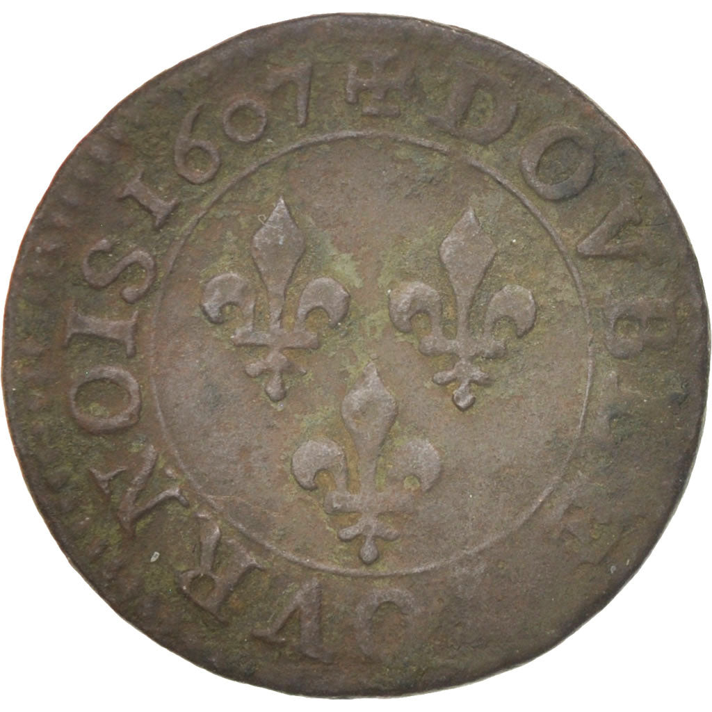 France, Henri IV, Double Tournois, 1607, Paris, VF(30-35), Copper, KM:16.1