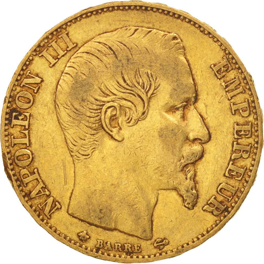Francia, Napoleon III, 20 Francs, 1855, Strasbourg, MBC, Oro, KM:781.2