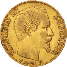 Francia, Napoleon III, 20 Francs, 1855, Strasbourg, MBC, Oro, KM:781.2