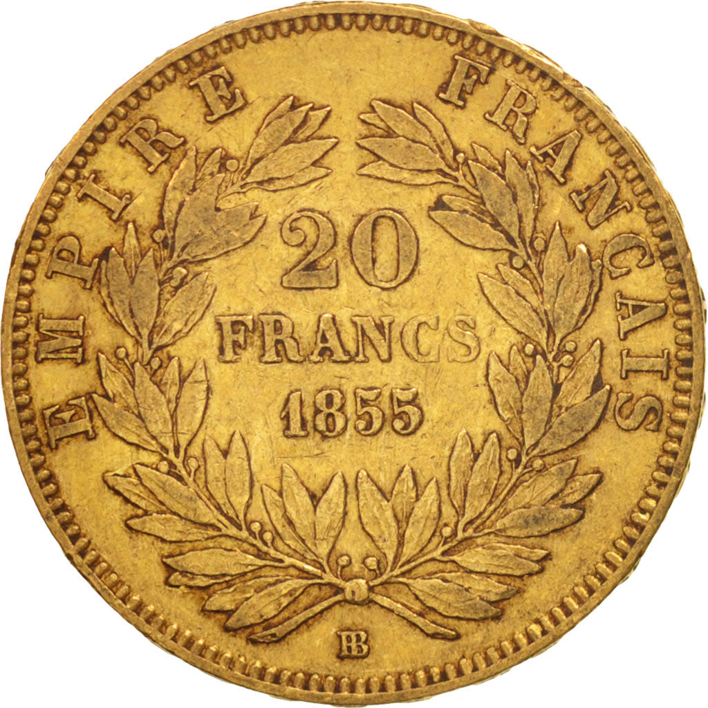 Francia, Napoleon III, 20 Francs, 1855, Strasbourg, MBC, Oro, KM:781.2