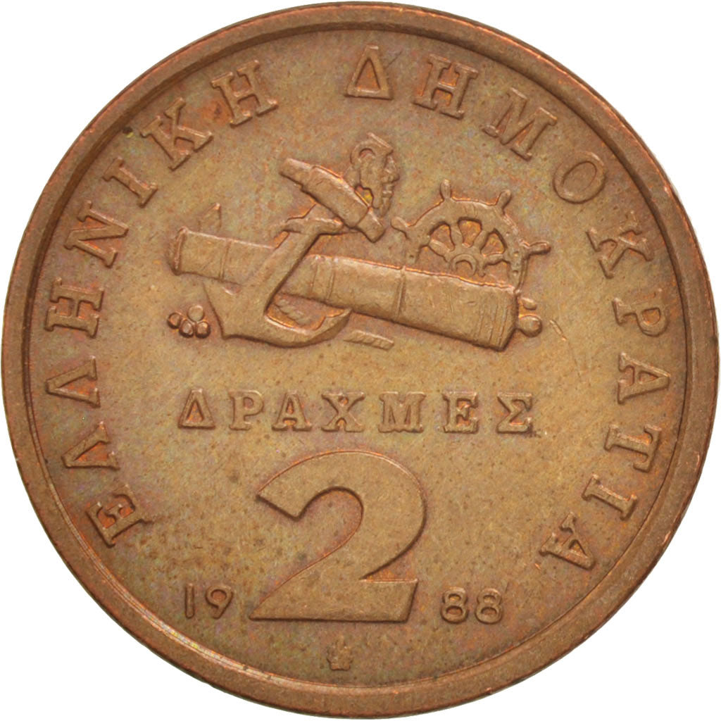 Coin, Greece, 2 Drachmes, 1988, Athens, AU(55-58), Copper, KM:151