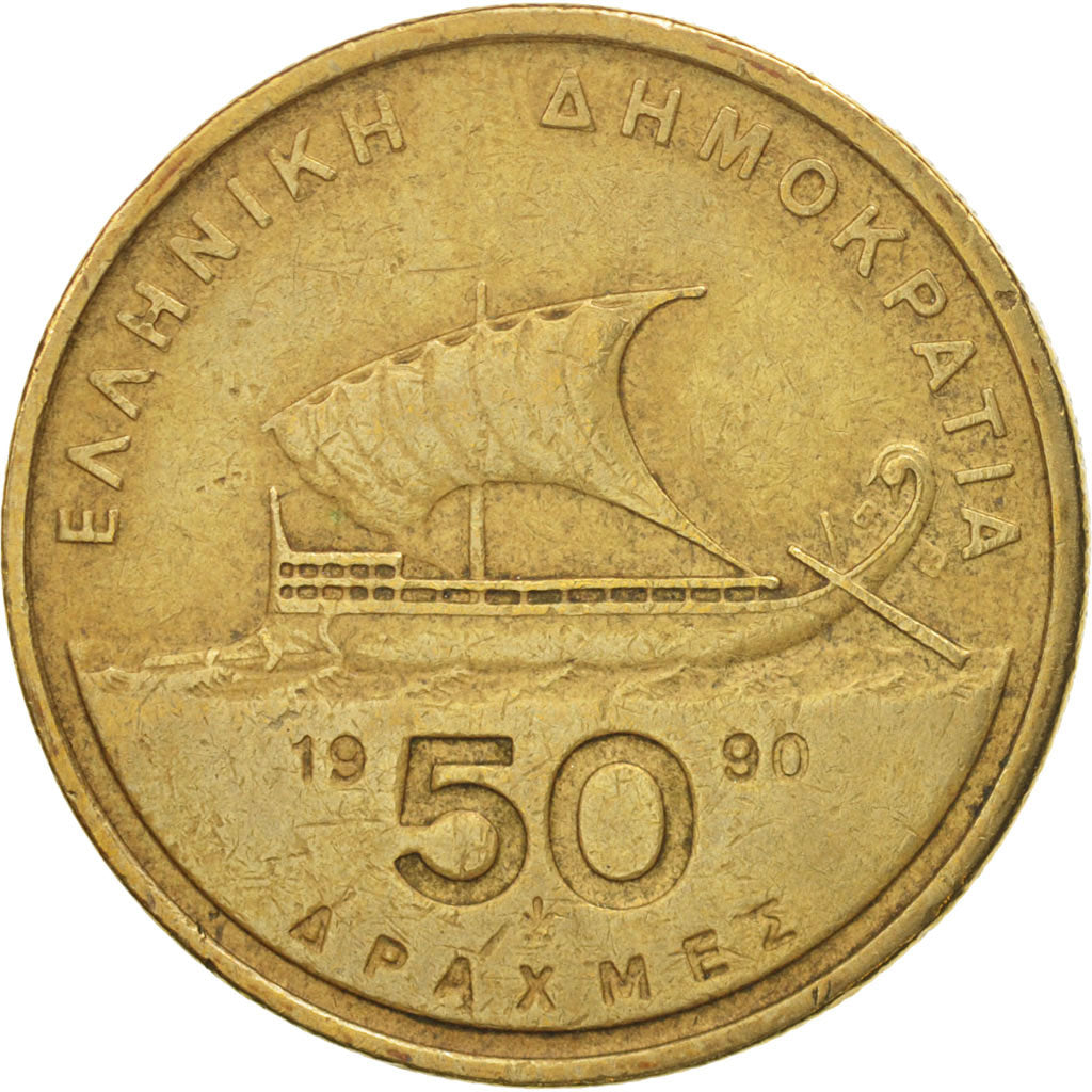 Coin, Greece, 50 Drachmes, 1990, EF(40-45), Aluminum-Bronze, KM:147