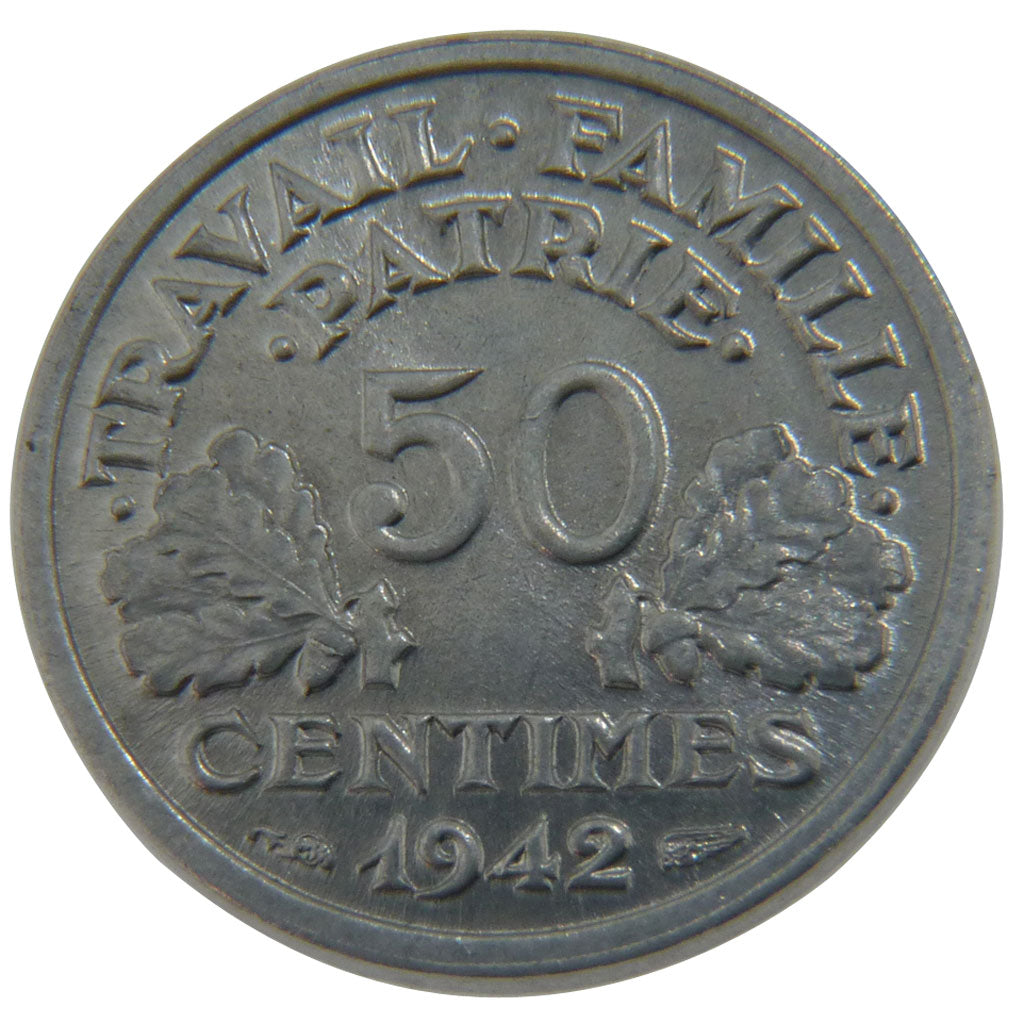 FRANCE, 50 Centimes, 1942, MS(65-70), Aluminium, Gadoury #425, 0.80