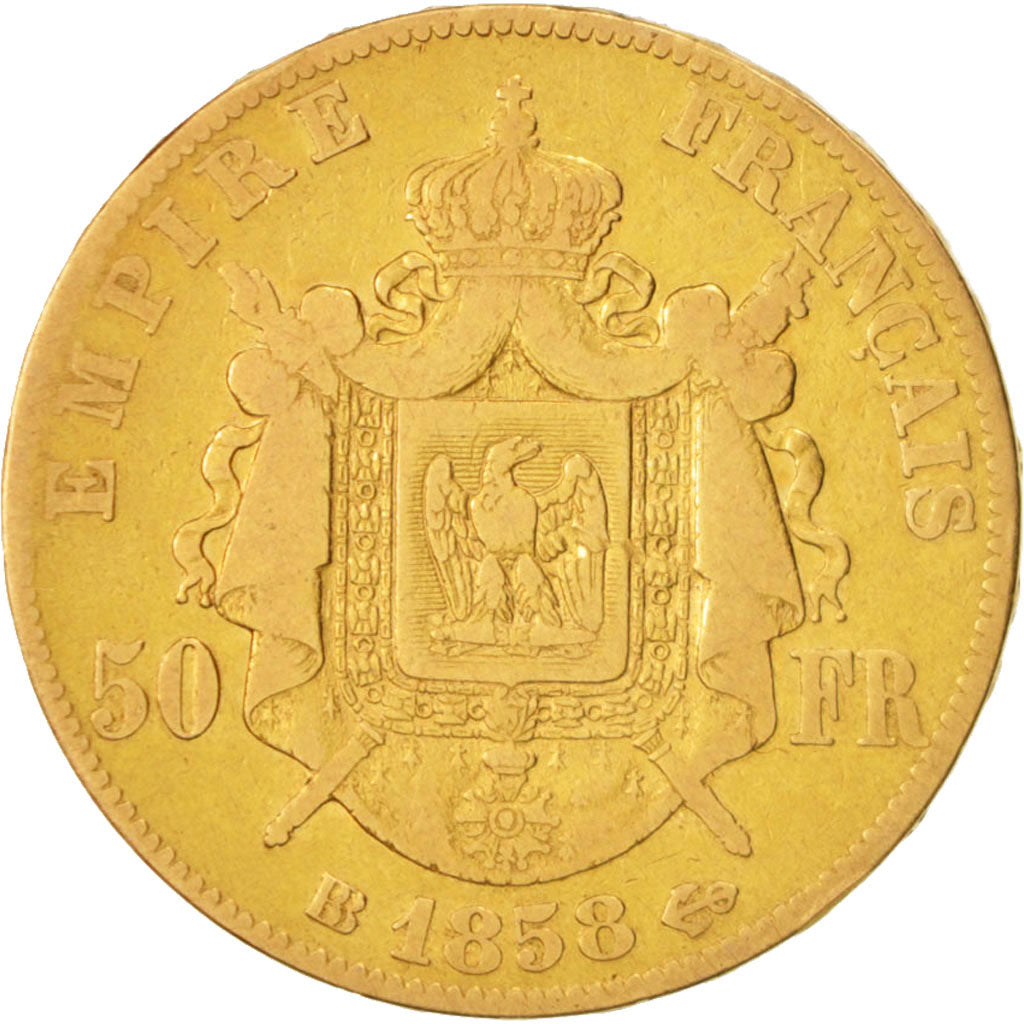 Francia, Napoleon III, Napoléon III, 50 Francs, 1858, Strasbourg, BC, Oro