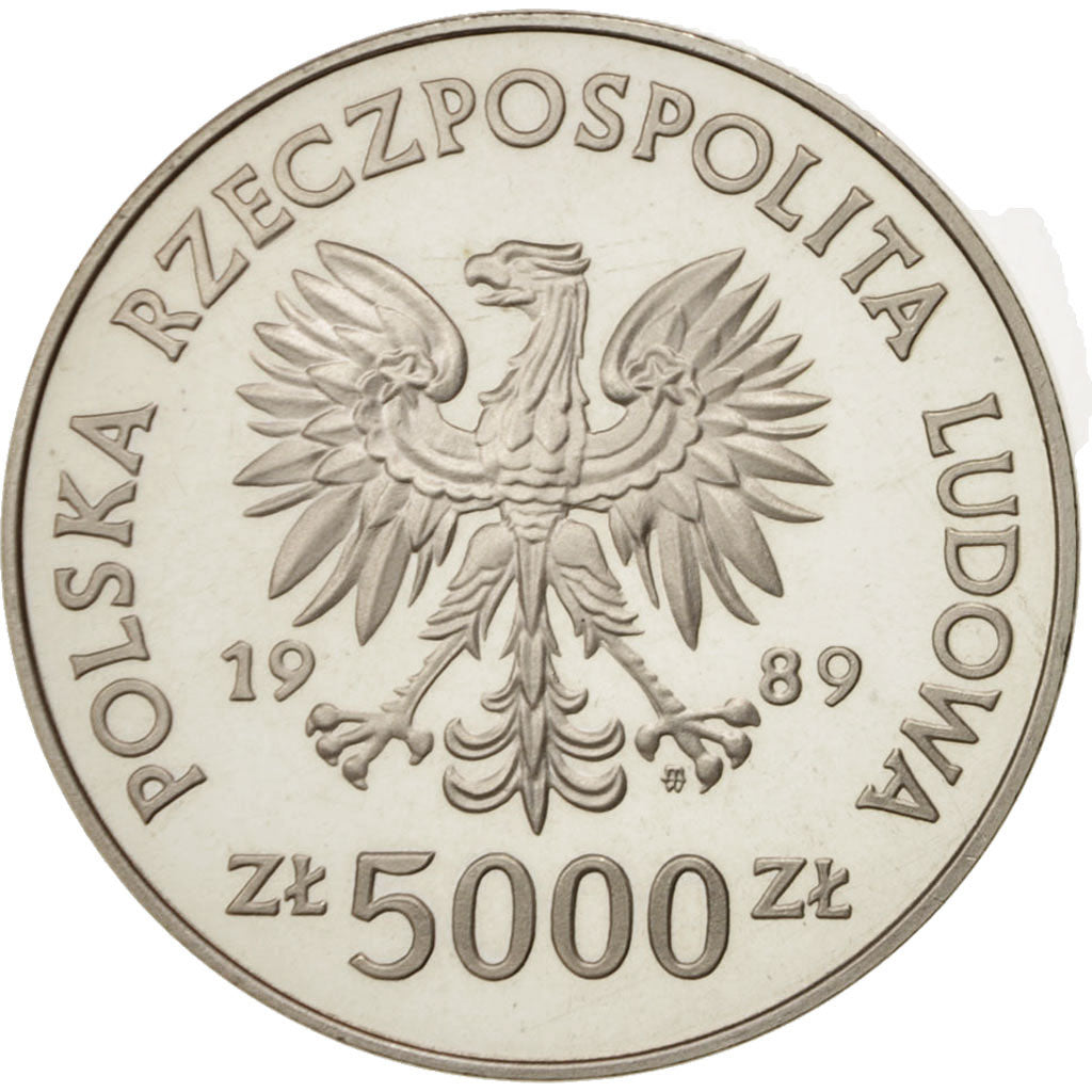 Coin, Poland, 5000 Zlotych, 1989, Warsaw, MS(65-70), Silver, KM:193