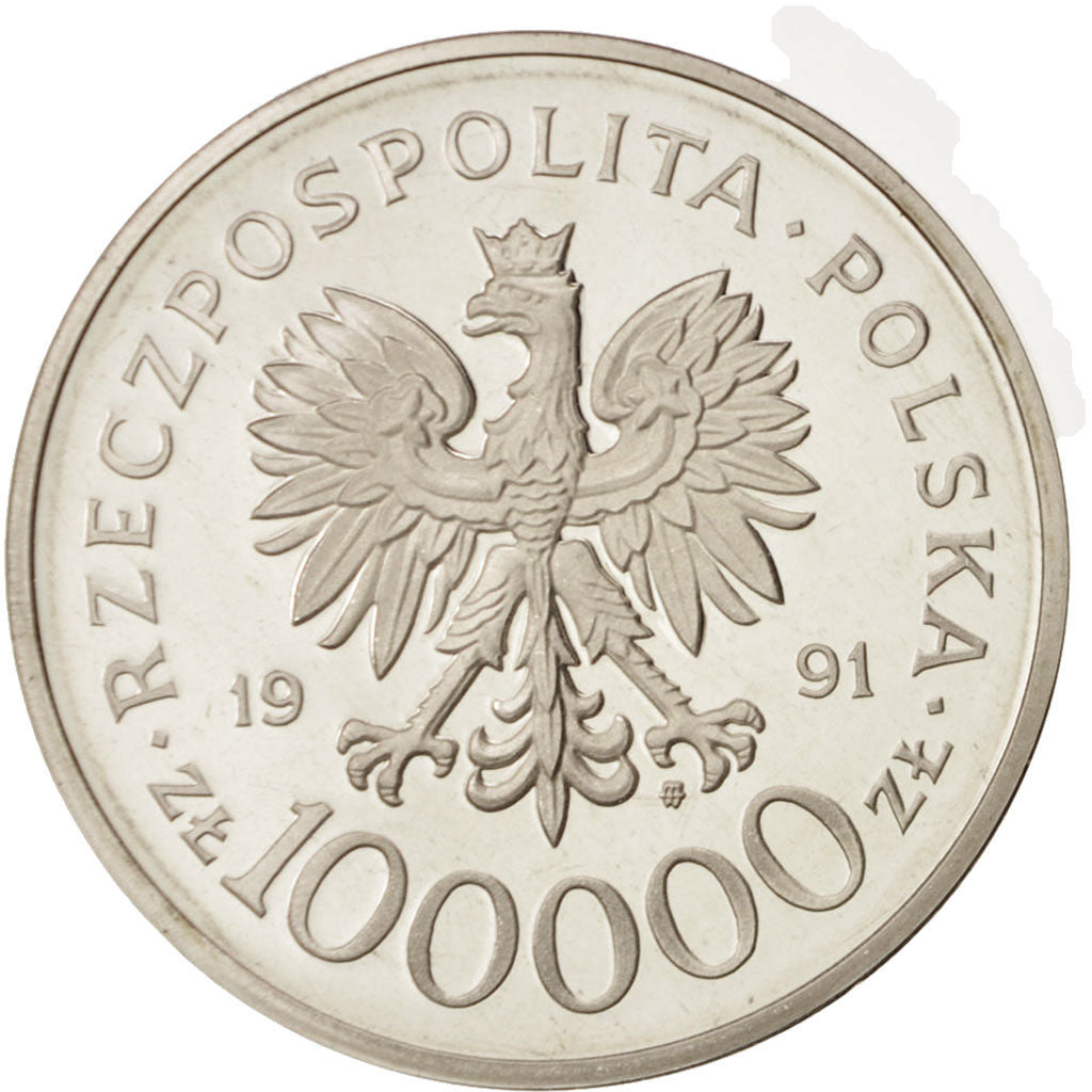 Poland, 100000 Zlotych, 1991, MS(65-70), Silver, KM:236