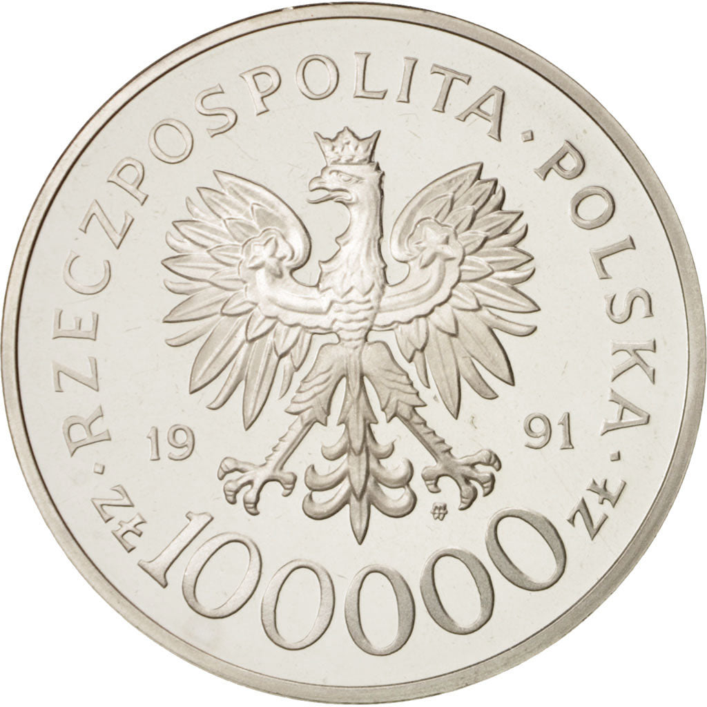 Poland, 100000 Zlotych, 1991, MS(65-70), Silver, KM:238