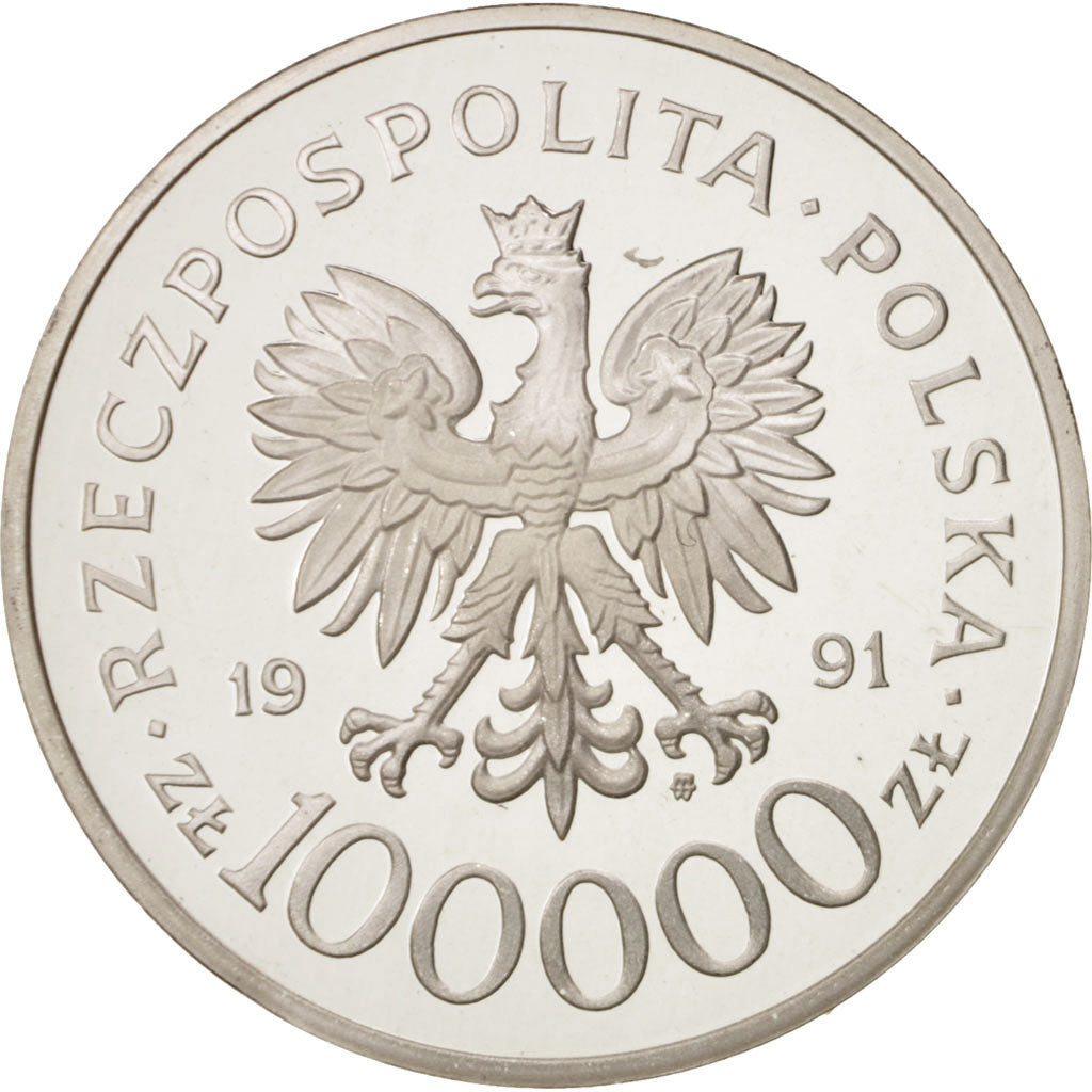 Poland, 100000 Zlotych, 1991, MS(65-70), Silver, KM:239