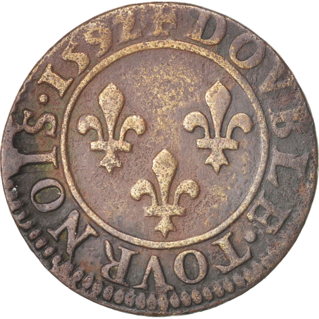 France, Henri IV, Double Tournois, 1592, Châlons-Sur-Marne, EF(40-45), Copper