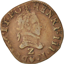 Moneda, Francia, Henri III, Double Tournois, 1589, Grenoble, BC+, Cobre