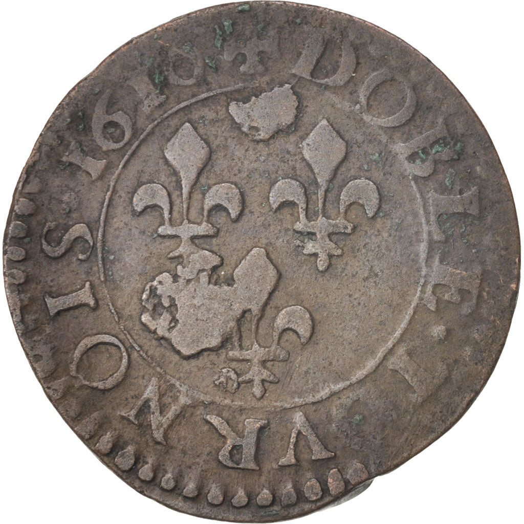 France, Henri IV, Double Tournois, 1610, Nantes, Fauté DOBLE, TB, CGKL:216