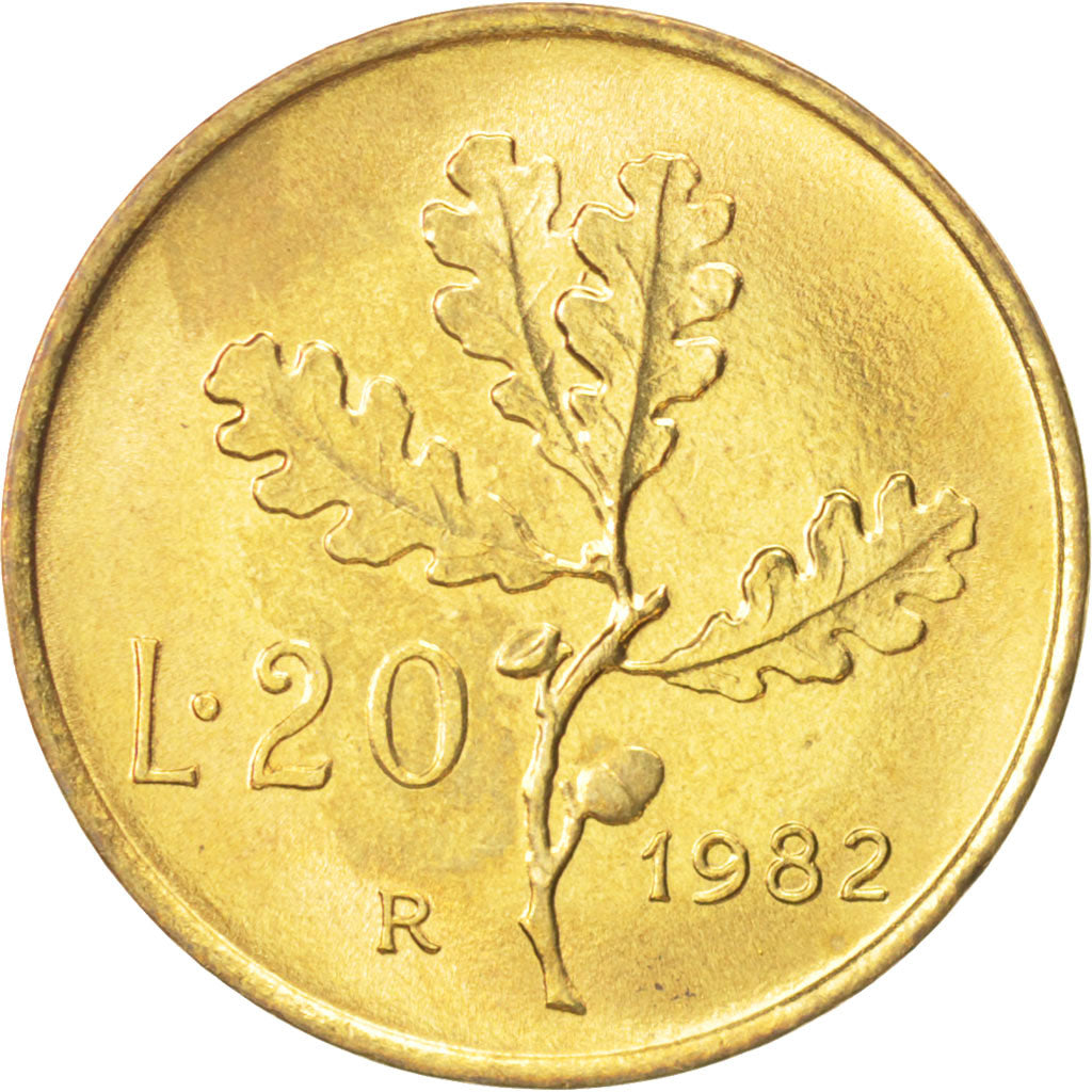 Italy, 20 Lire, 1982, Rome, MS(64), Aluminum-Bronze, KM:97.2
