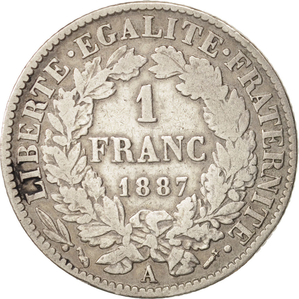 France, Cérès, Franc, 1887, Paris, VF(20-25), Silver, KM:822.1, Gadoury:465a