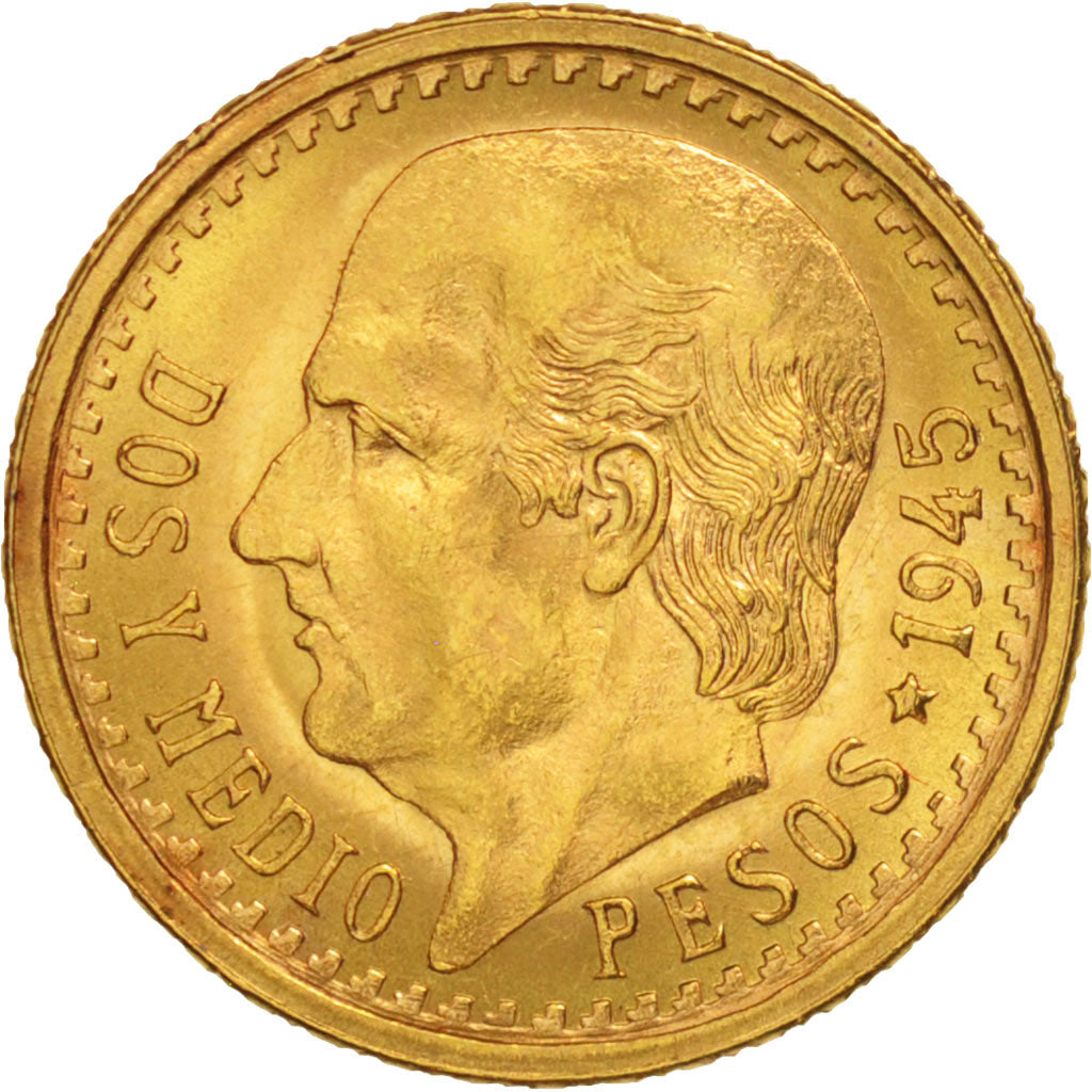 Mexico, 2-1/2 Pesos, 1945, Mexico City, AU(55-58), Gold, KM:463
