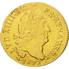 France, Louis XIV, Louis d'or aux 4 L, 1693, Lyon, EF(40-45), Gold, KM:302.6