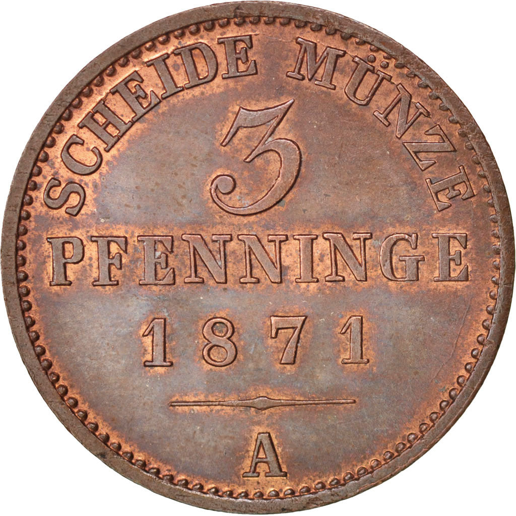 Moneta, Stati tedeschi, PRUSSIA, Wilhelm I, 3 Pfennig, 1871, SPL+, Rame, KM:482