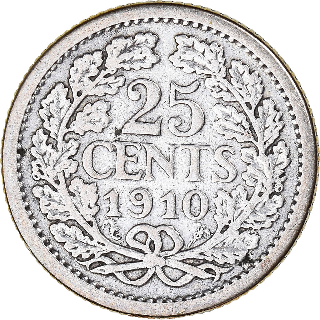 Coin, Netherlands, Wilhelmina I, 25 Cents, 1910, Utrecht, VF(30-35), Silver