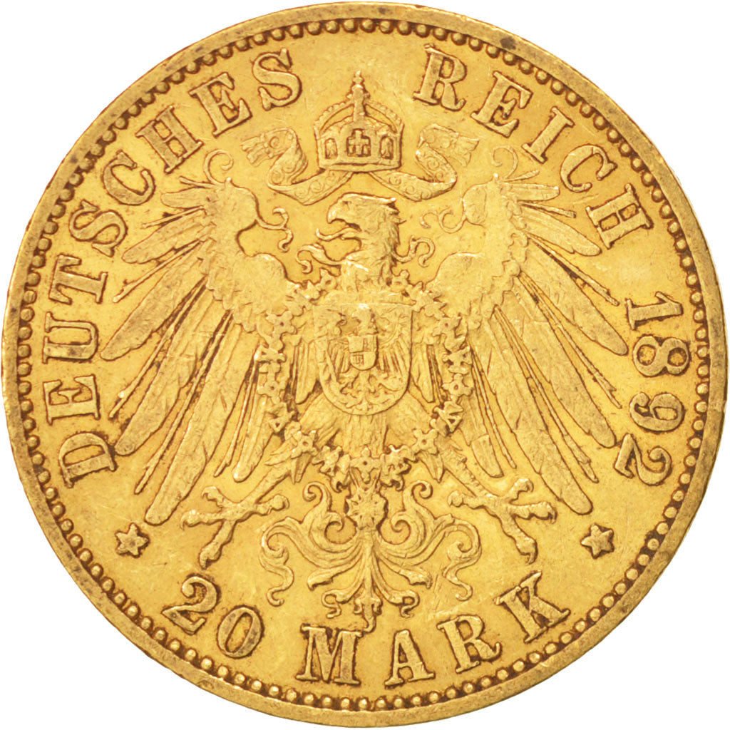 Estados alemanes, PRUSSIA, Wilhelm II, 20 Mark, 1892, Berlin, MBC, Oro, KM:521