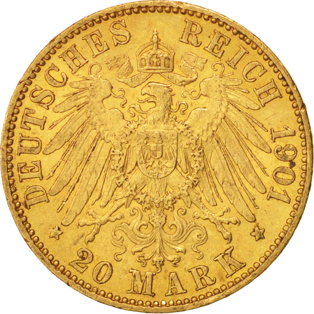 German States, PRUSSIA, Wilhelm II, 20 Mark, 1901, Berlin, AU(50-53), Gold