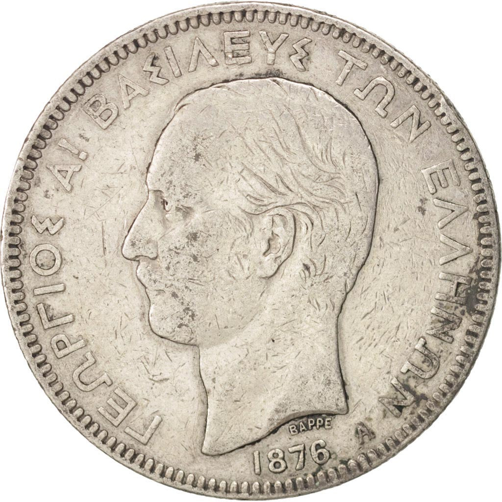 Greece, George I, 5 Drachmai, 1876, Paris, VF(20-25), Silver, KM:46