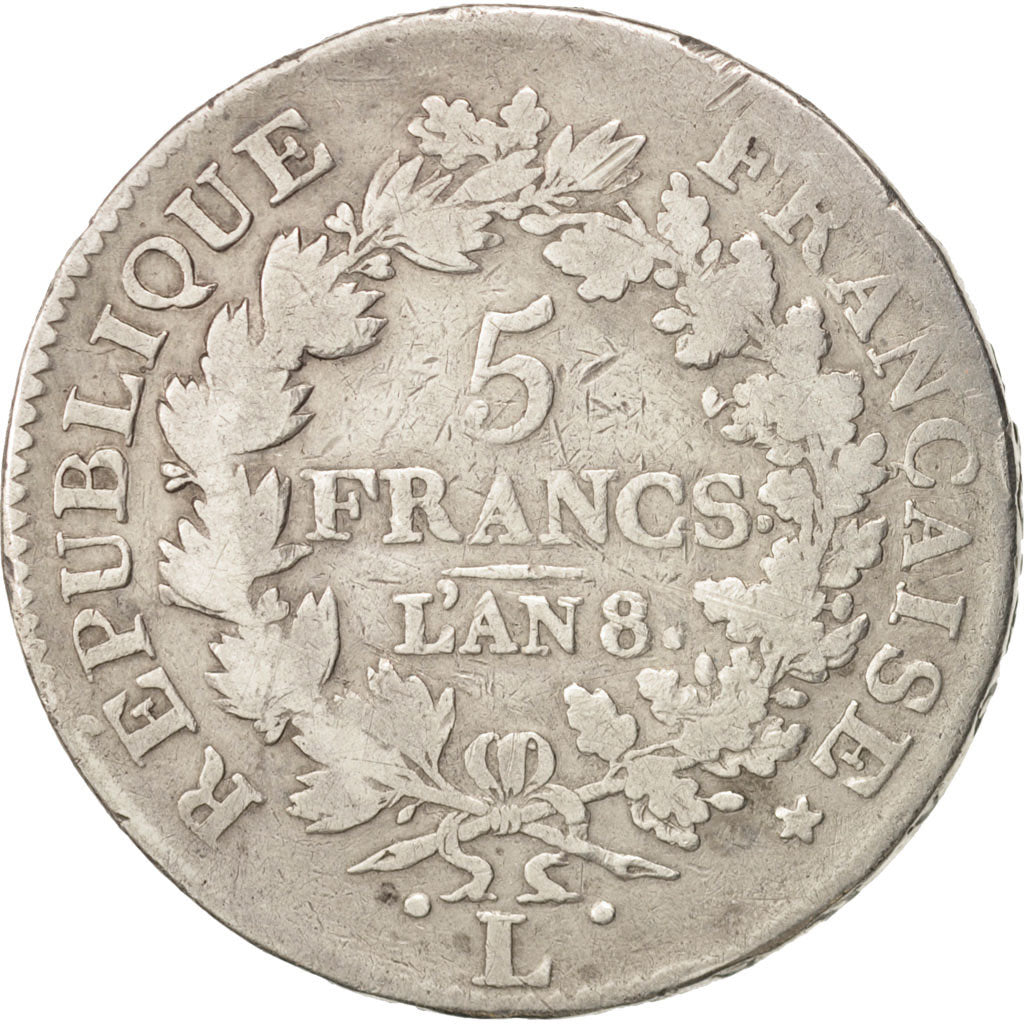 France, Union et Force, 5 Francs, An 8, 1800, Bayonne, F(12-15), KM:639.6