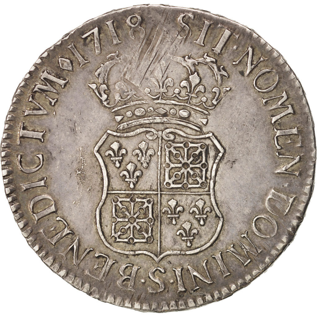 France, Louis XV, Écu de France-Navarre, 1718, Reims, AU(50-53), Silver