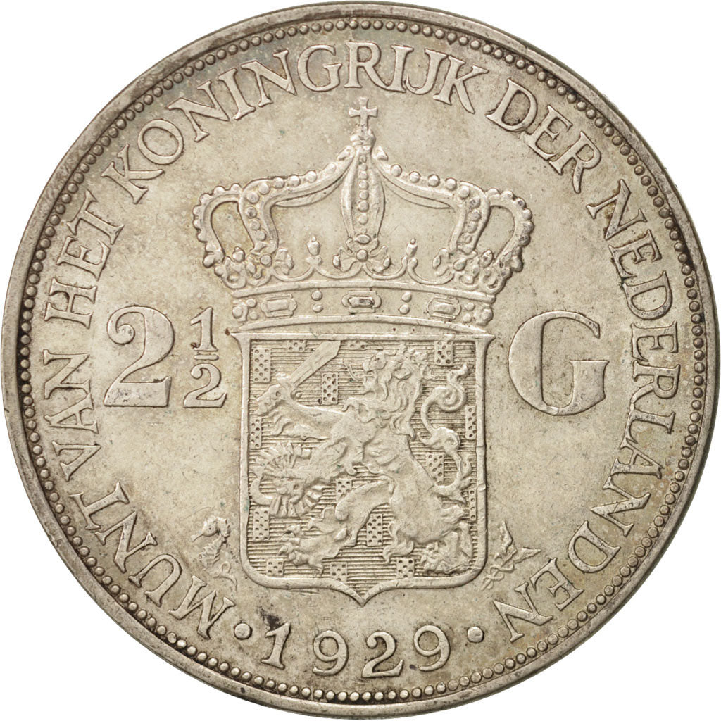 Coin, Netherlands, Wilhelmina I, 2-1/2 Gulden, 1929, EF(40-45), Silver, KM:165