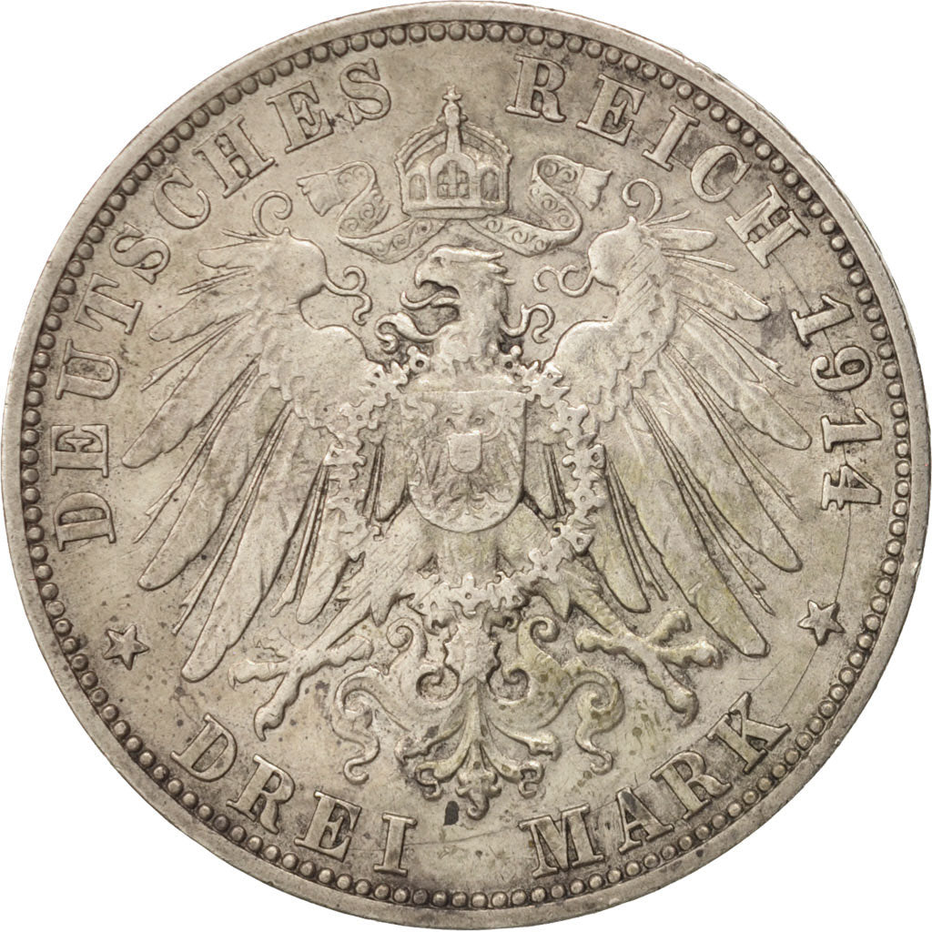 German States, WURTTEMBERG, Wilhelm II, 3 Mark, 1914, Freudenstadt, EF(40-45)