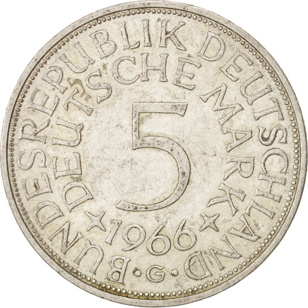 GERMANY - FEDERAL REPUBLIC, 5 Mark, 1966, Karlsruhe, AU(55-58), Silver, KM:112.1